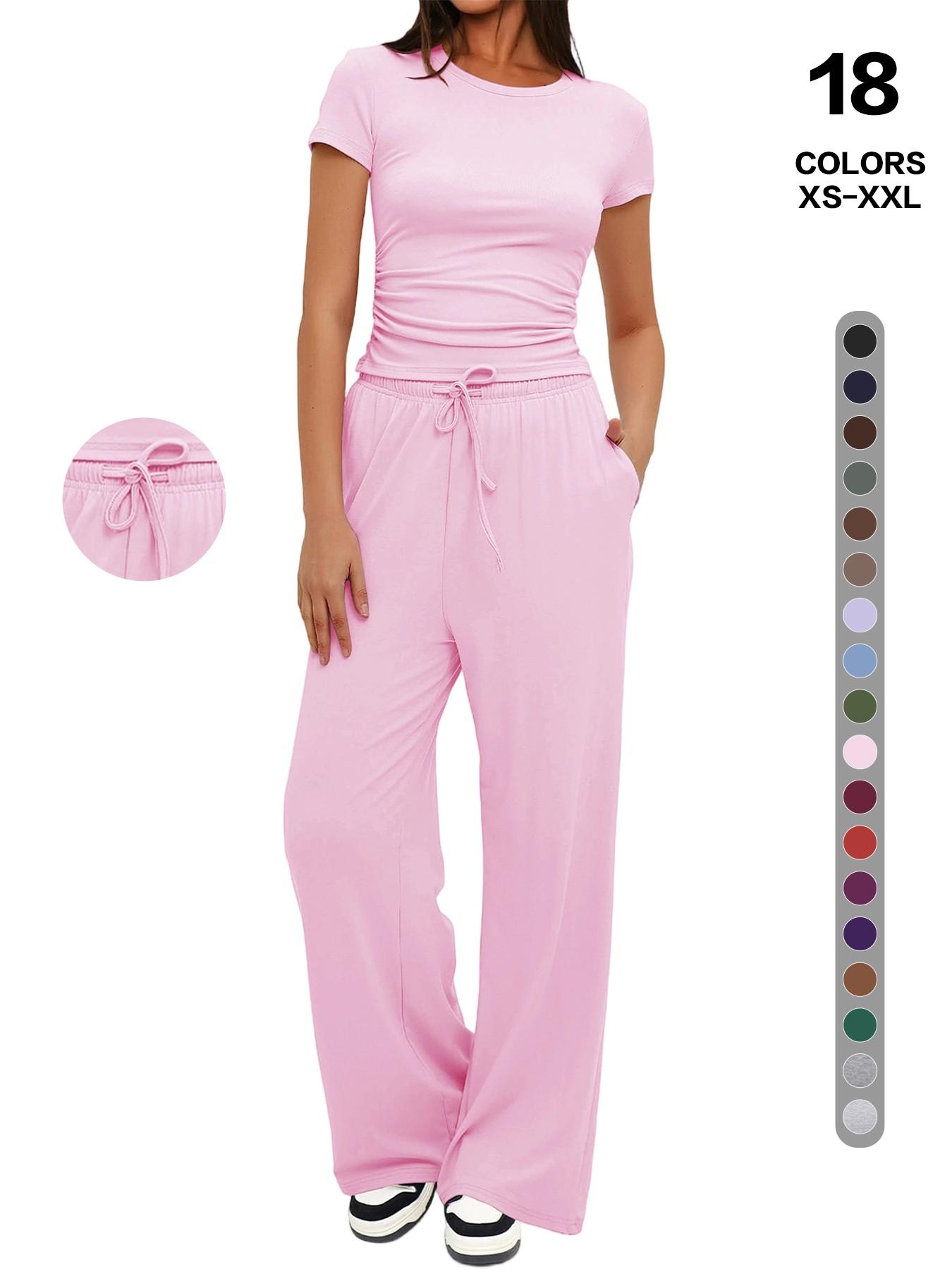 2026 Women's Solid Round Neck Short Tee and Pants, 2- or 6-Piece Set, Casual Comfy Elastic Pajama Set for Women, Cozy Loungewear for Daily Home Wear