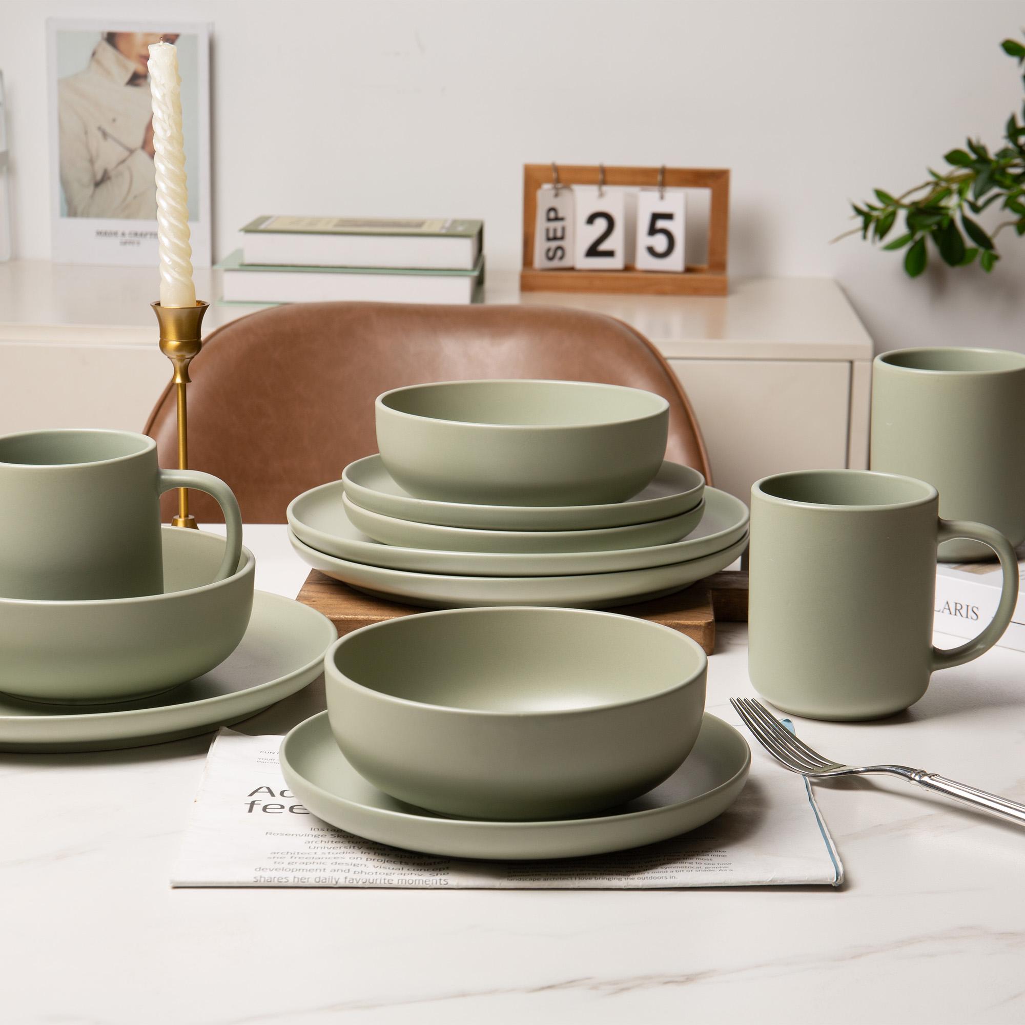 【TikTokShopBlackFriday】12-Piece Stoneware Dinnerware Set with or without Mugs | Plates, Bowls, Optional Mugs | Microwave & Dishwasher Safe | Non-Toxic, Stackable Matte Glaze Tableware for 3–4