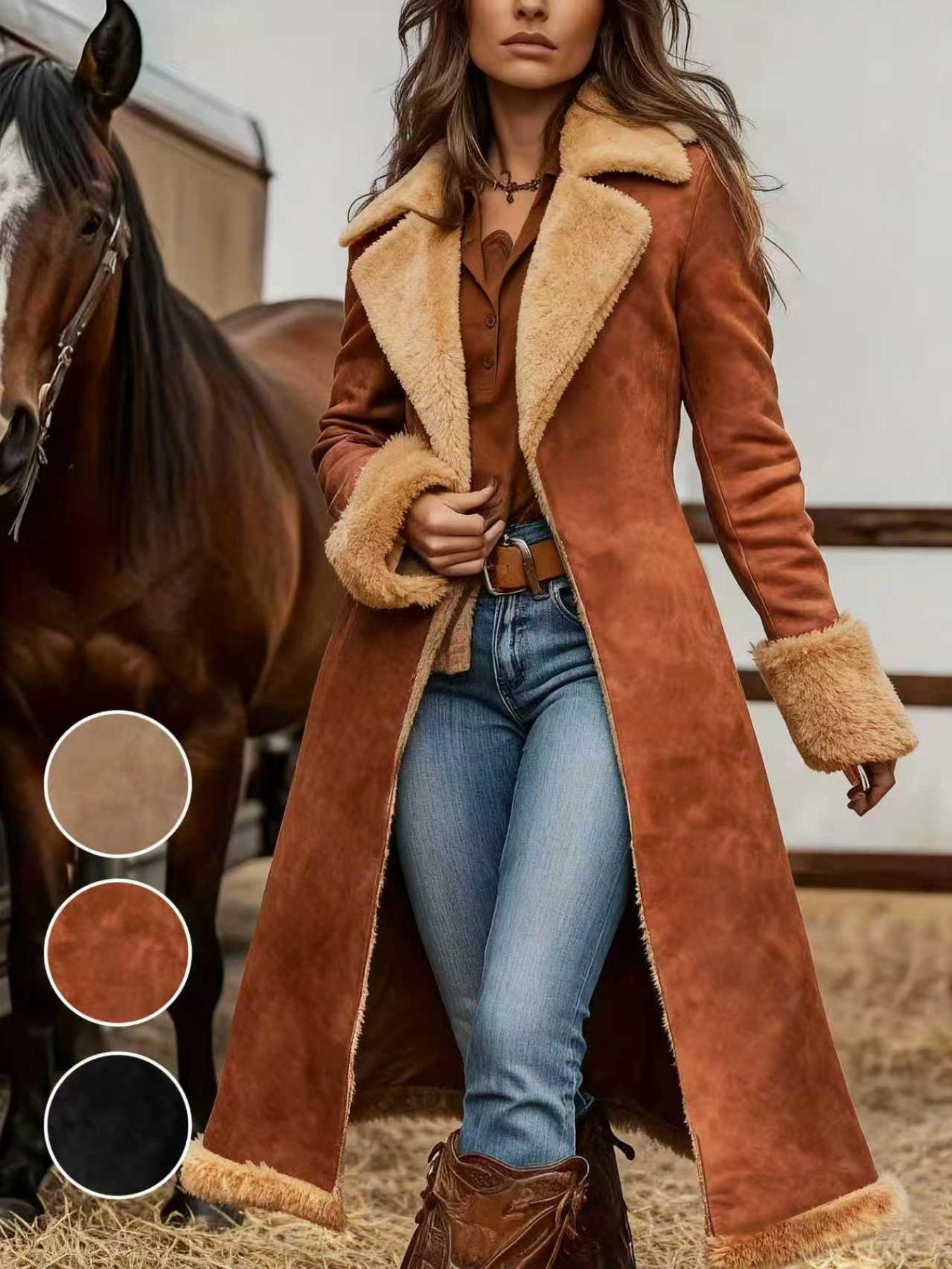 Women's Fleece-Lined Deer Skin Coat Jacket Fall Winter New Elegant Long Sleeve Button Mid-Length Outdoor Commute Party Wear