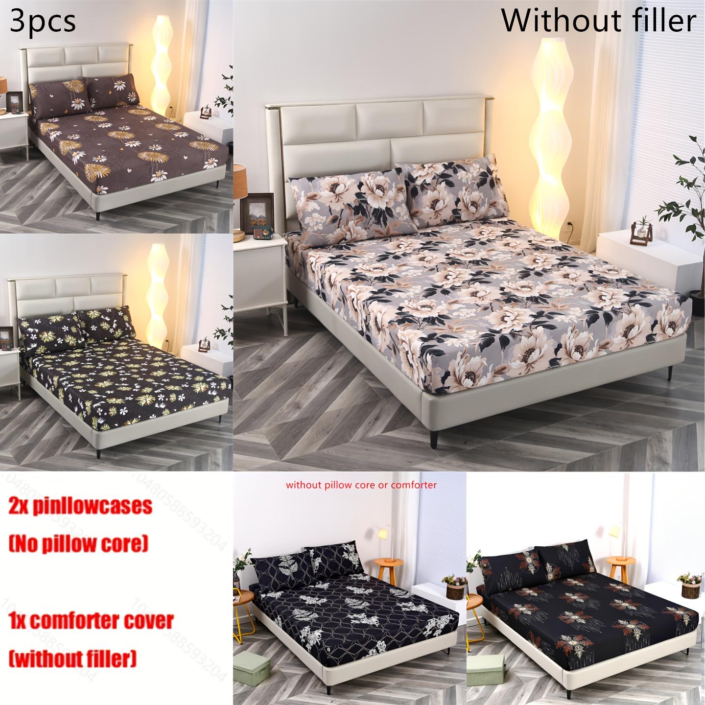 3pcs Floral Print Bedding Set, Floral Sheets, Soft and Comfortable, Suitable for Bedroom, Guest Room, Includes One Fitted Sheet + Two Pillowcases, No Core, Bed Sheet Replacement, Fitted Sheet With Pillowcases, Printed Floral Design, Comfortable Sheet Set