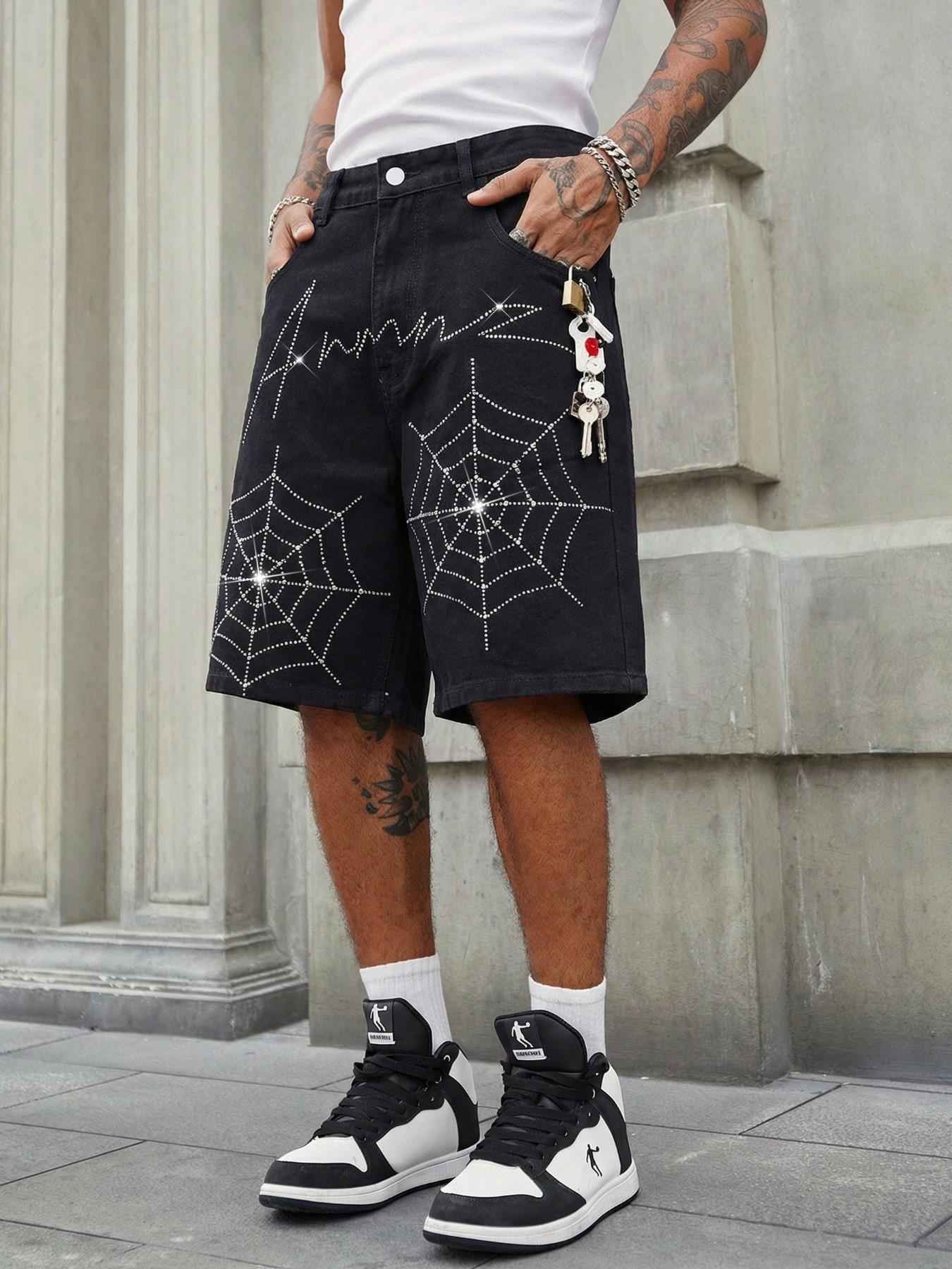 Men's Summer Rhinestone Spider Web Letter Pattern Loose Fit Mid Waist Denim Shorts, Y2K Streetwear Festival Casual Pants