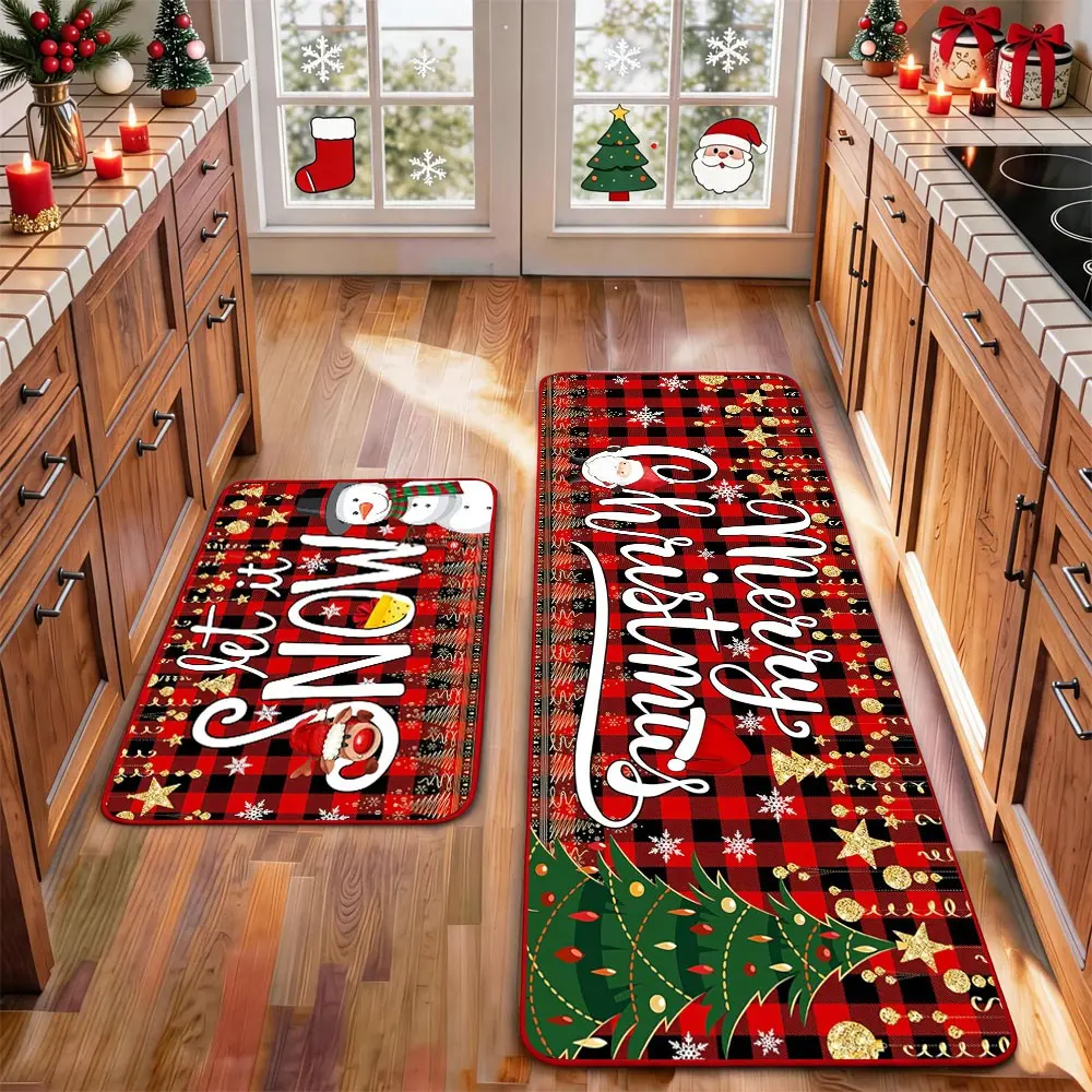 2 Pcs Christmas Kitchen Rug Mat Gnomes Gingerbread Tree Santa Clause Snowflake Red Black Floor Mat Set Farmhouse Kitchen Rug Non Slip Restaurant Floor Dining Room Laundry Room Decor Carpet Mat Winter Decor Home Decor Rug