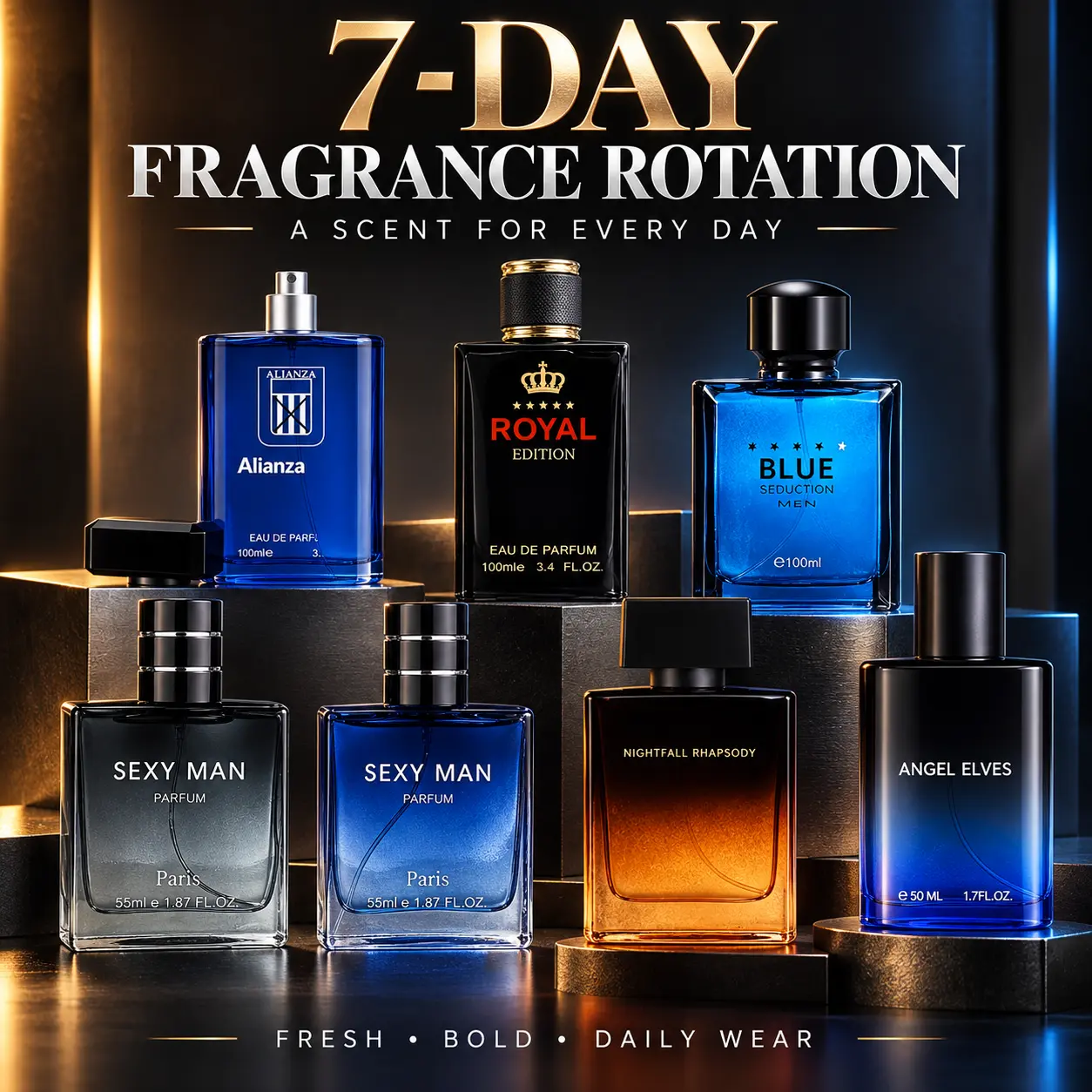 Men's 7-Day Fragrance Collection - Long-Lasting Eau de Parfum, Daily Scent Rotation, Fresh & Bold Men's Cologne Gift for Him