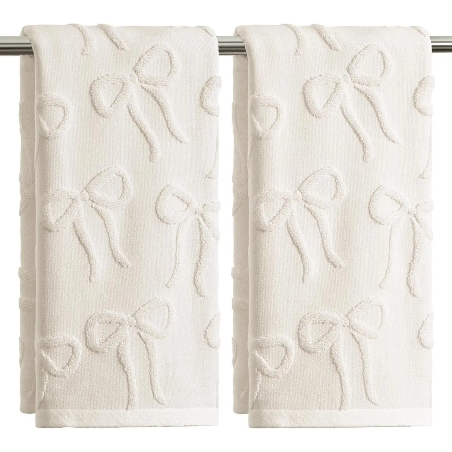 2 Pcs Beige 3D Bowknot Jacquard Hand Towels for Bathroom, 100% Cotton Absorbent Bathroom Decor Soft Towels, 13.7 x 29.5 Inch