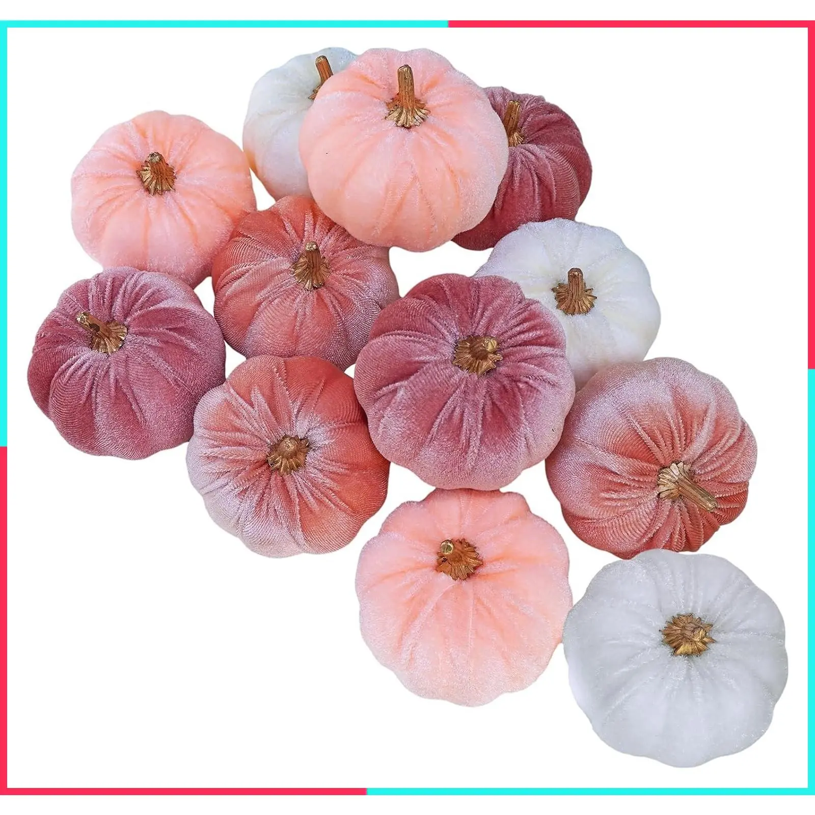 12 Pcs Small Rustic Faux Velvet Pumpkins Decorative Blush Coral Pink Peach Ivory Fabric Foam Pumpkins 3" for Fall Wedding Baby Shower Thanksgiving Halloween Table Centerpiece Décor