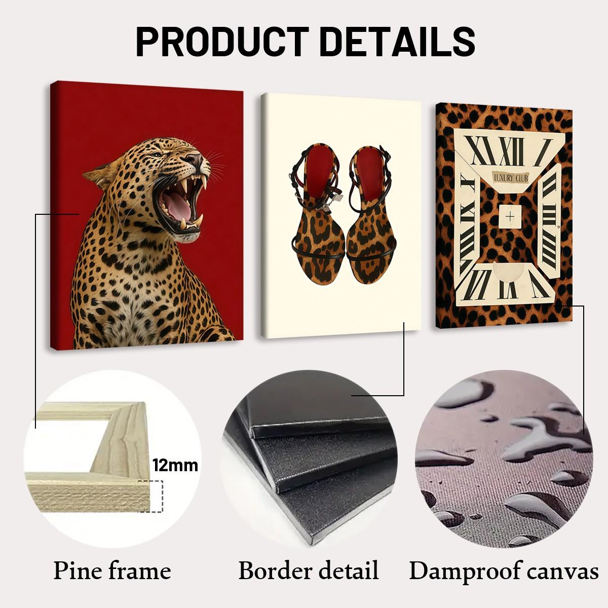 3-Pack Wood Frame Canvas Posters, Vintage Leopard Print High Heels Decor, Modern Living Room Art, Waterproof, Gift Idea