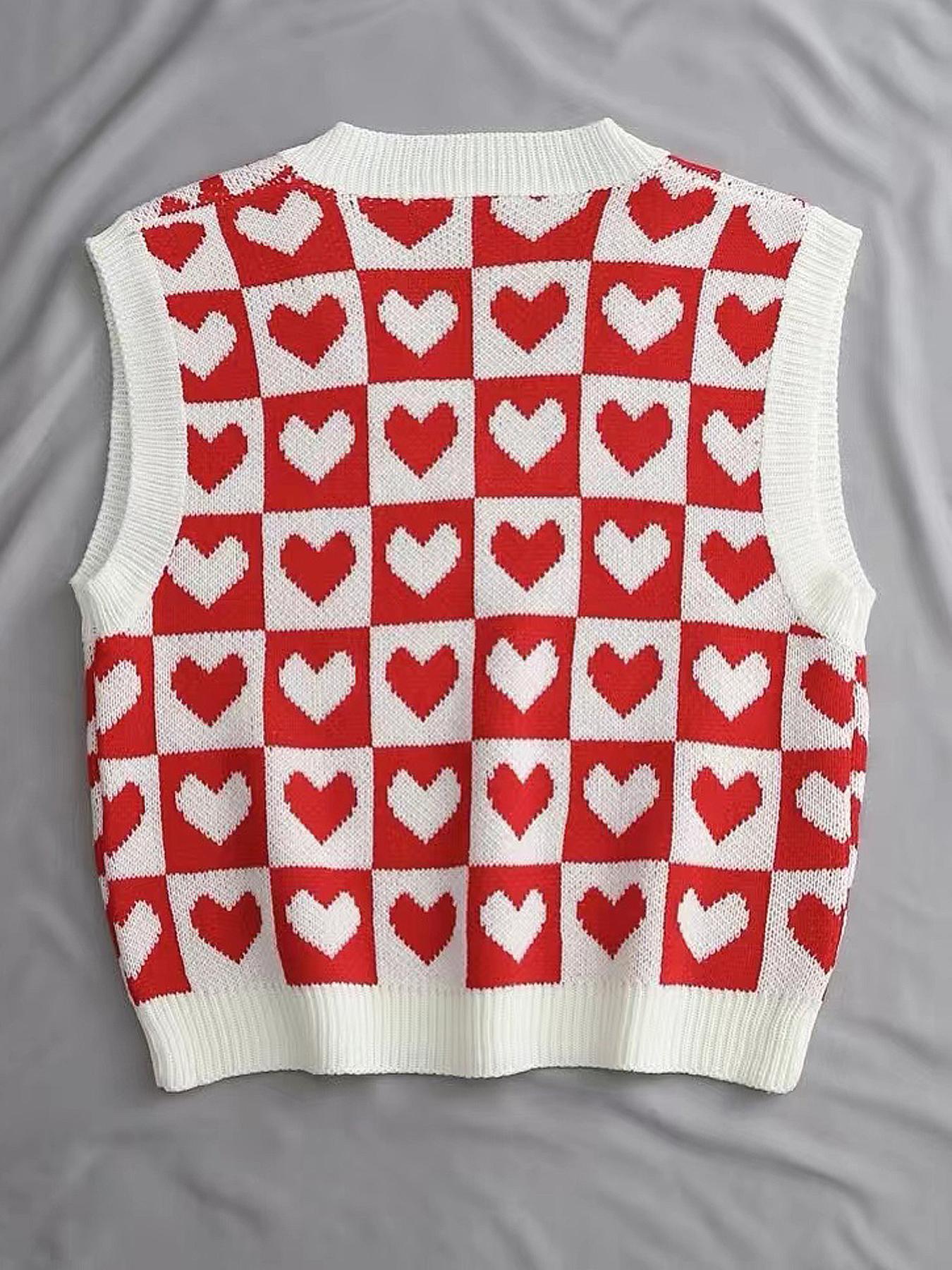 Women's Heart & Plaid Print V Neck Sweater Vest, Casual Sleeveless Knit Top for Daily Wear, Ladies Knitwear for All Seasons, Casual Comfy Vests