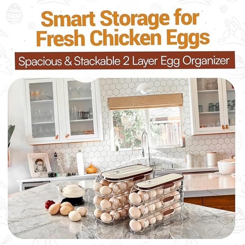 Single Layer, Dual Layer, Triple Layer Kitchen Home Egg Box Transparent Dual Layer Slide Rolling Egg Holder Refrigerator Side Door Handheld Egg Storage Box