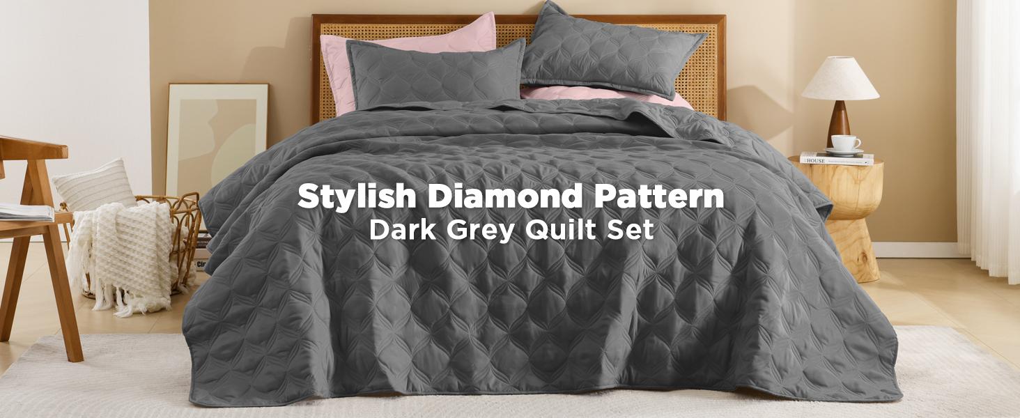 Litanika 3-Piece Bedspread Set - Lightweight Quilt Coverlet w/ Pillowcases | All Season (Dark Grey/Beige/Grayish Blue)