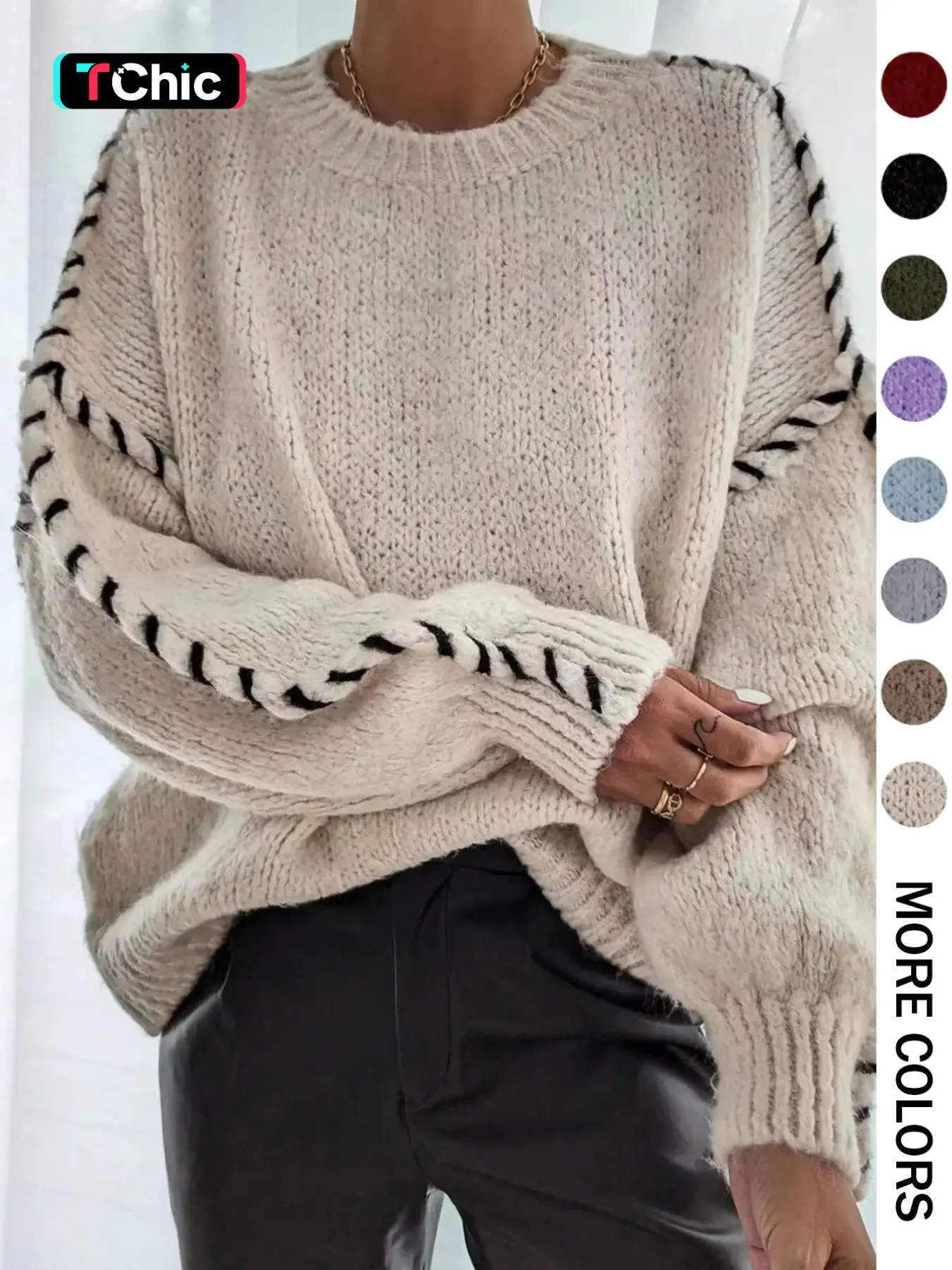 Women's Contrast Binding Drop Shoulder Loose Baggy Stretchy Knitting Sweater, Casual Long Sleeve Round Neck Jumper for Fall & Winter, Fashion Ladies' Knitwear for Daily Wear, Womenswear, Tops