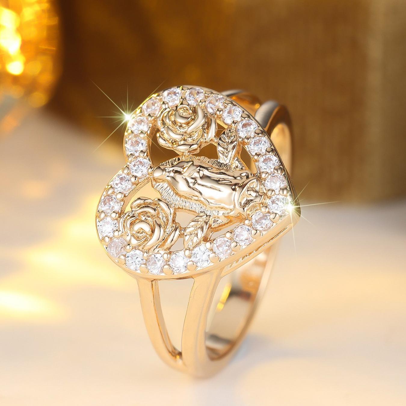 Heart-Shaped Imitation Diamond Ring, Open Adjustable Ring Prayer Christian Jewelry Men And Women, good gloss,smooth surface and comfortable to wear, Fashionable & Elegant, gift for Mother's Day, birthdays, Valentine's Day, anniversaries, Golden