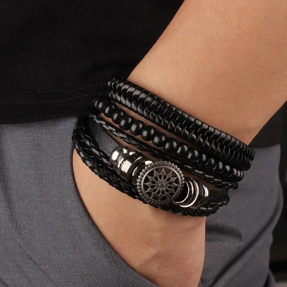 Men's 4Pcs/Set Braided Leather Rope Bracelets, Vintage Life Tree & Rudder Charms, Wood Beads Charm, Ethnic Tribal Wristband for Casual Daily Wear