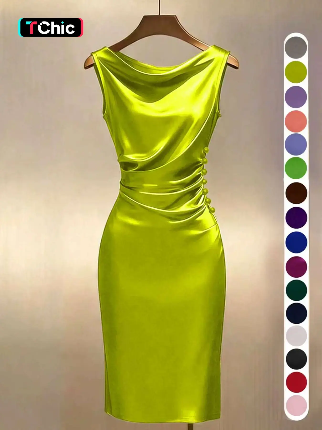 Summer Knit Satin Dress, Champagne Color Sleeveless Slim Fit Elegant Dresses for Party, Office Wear and Wedding Guest