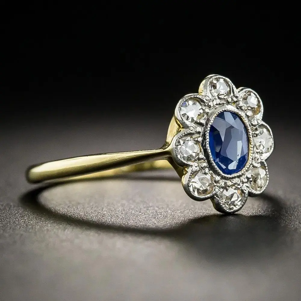 Vintage Oval Blue Sapphire & Diamond Halo Ring 14K Gold Floral Cluster Engagement Ring Luxury Antique Style Jewelry For Women