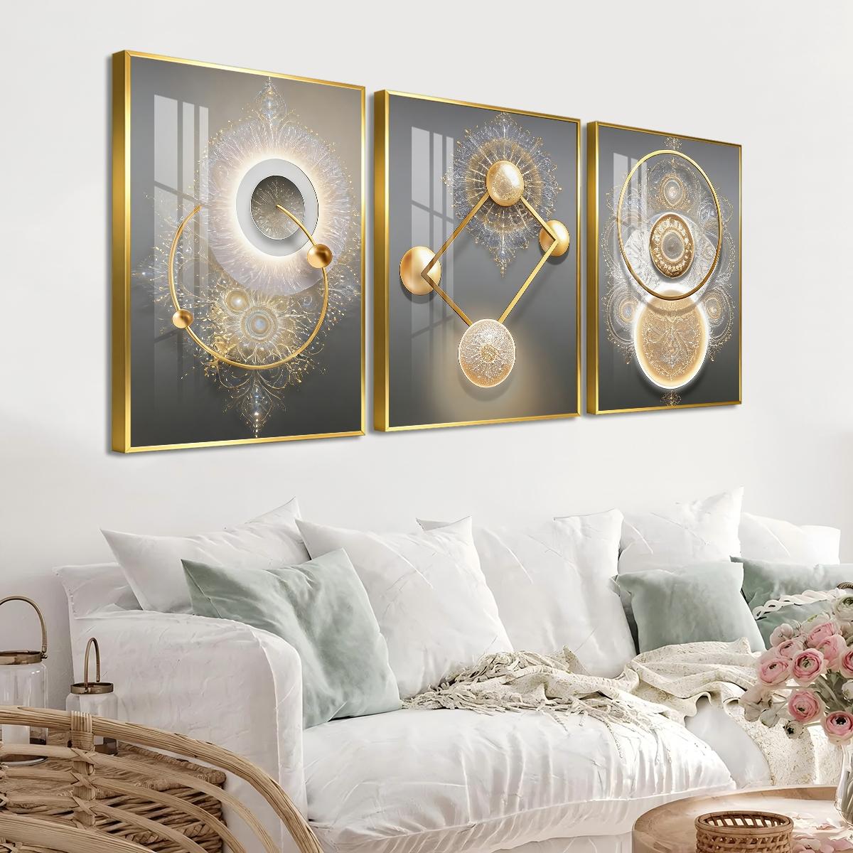 3 Counts Aluminum Alloy Framed Painting, Golden Abstract Geometry Light Art, Home Decoration For Living Room, Bedroom, Office, Restaurant, Hallway Wall Decor, Odorless Print Artwork, Luxury Perfect Gift For Friends And Family
