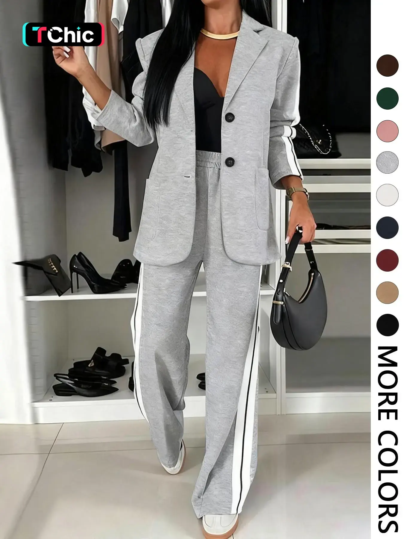 【Black Friday】Women's Fall & Winter Suit Set, Casual Pockets Blazer & Striped Wide-Leg Pants for Indoor & Outdoor Wear