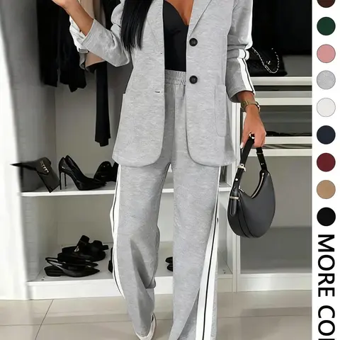 Women's Fall Winter Suit Set, Blazer + Wide Leg Striped Pants, Casual Daily Wear, Home & Outdoors Essential, Includes Pockets
