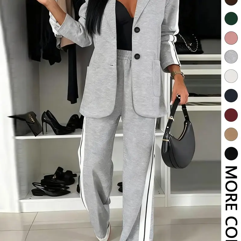 Women's Fall Winter Suit Set, Blazer + Wide Leg Striped Pants, Casual Daily Wear, Home & Outdoors Essential, Includes Pockets