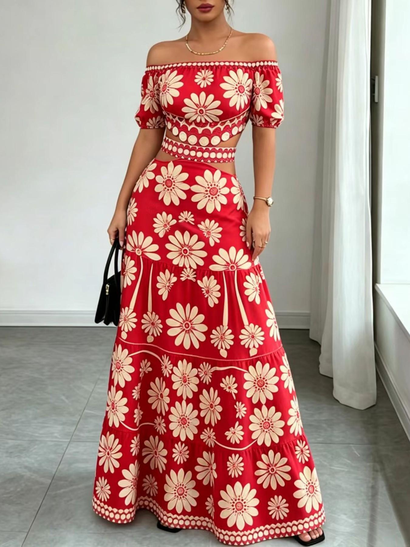 Women's Floral Off-Shoulder Dress, Sleeveless Hollow Out Waist, Casual Bohemian Style, All Seasons, Tropical Vacation, Long Dress for Summer