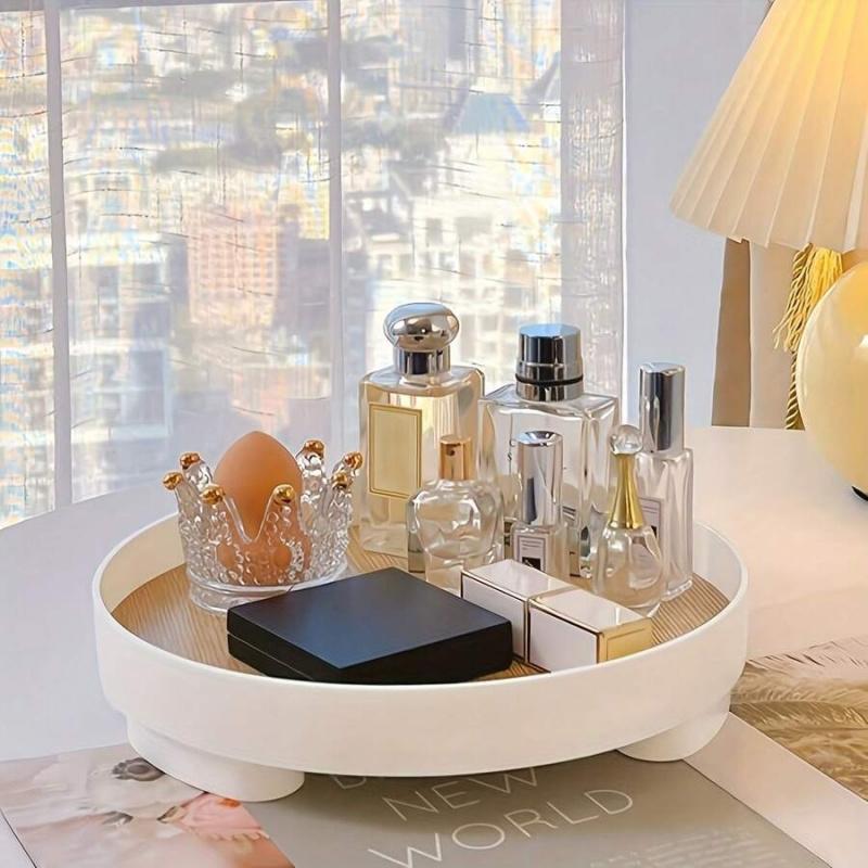 Minimalist Round Vanity Tray With Non-slip Wooden Surface, Multifunctional Decorative Storage Tray, Suitable For Placing Perfume, Cosmetics, Skin Care Products, Bathroom Toiletries And Entrance Decorations, Elegant Household Storage Supplies