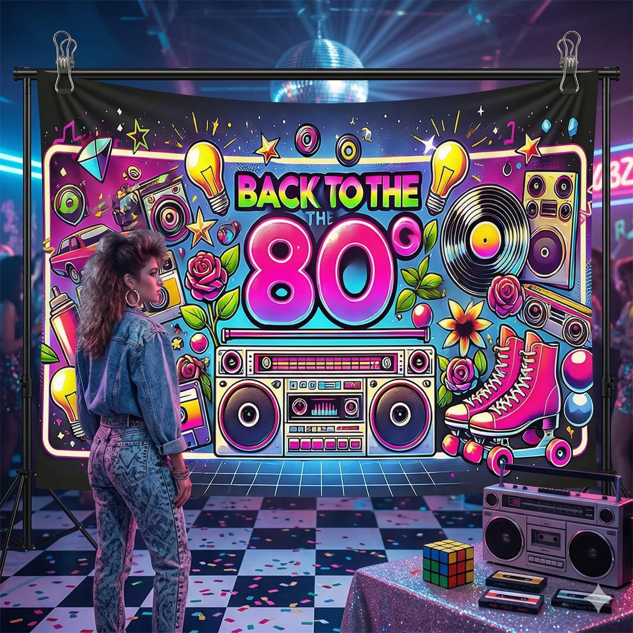 1pc Back to the 80s Retro Collage Party Banner - Vibrant  Polyester Background with Boombox, Cassette & Roller Skate Design for Birthdays, Weddings, Photo Studio Props, Home Decor, Event Decoration, Nostalgic Theme, Flat Lay Style, 2D Flat