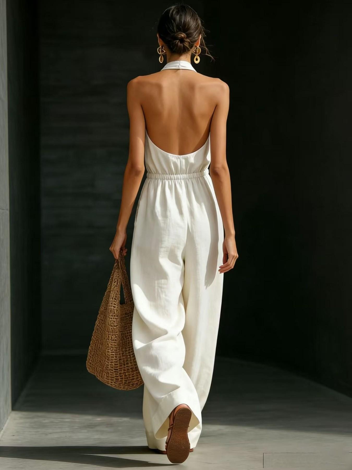 Women's V-Neck Halter Backless One-Piece Dress, Elegant Design, Fashionable Office Wear, French Style, Perfect for Daily Use