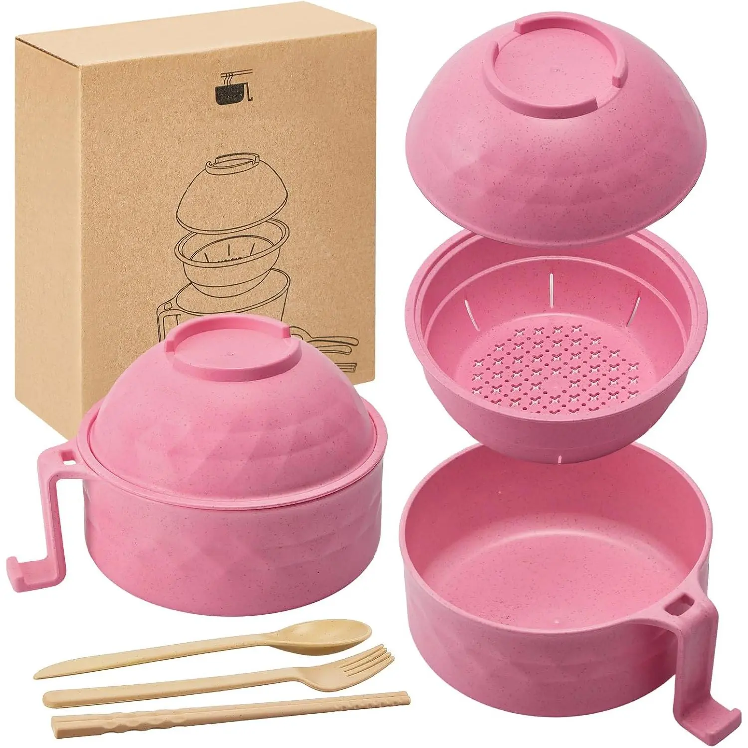 6PC Handy Lightweight Microwave Ramen Bowl Set - Ramen Noodle Cooker with Lid, Handle - Dorm, Home Kitchenware Essentials Tableware Set