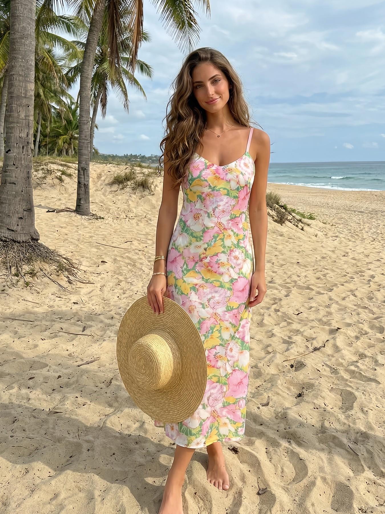 Women's V Neck Boho Dress, Floral Pattern All Season Long Sleeveless Beach Vacation Style, Summer New Arrival