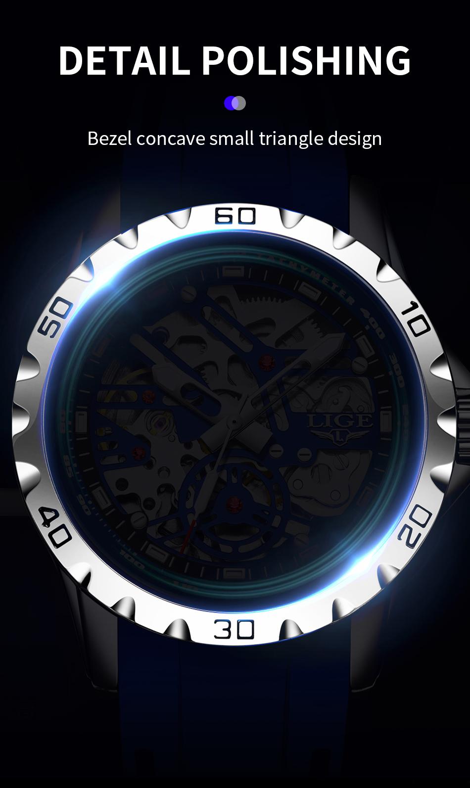 LIGE Men's Skeleton Mechanical Watch, 43mm Casual Wristwatch with Stainless Steel Case and Silicone Strap, Luminous Dial, 30m Water Resistant, Mechanical Style Watches detail 4