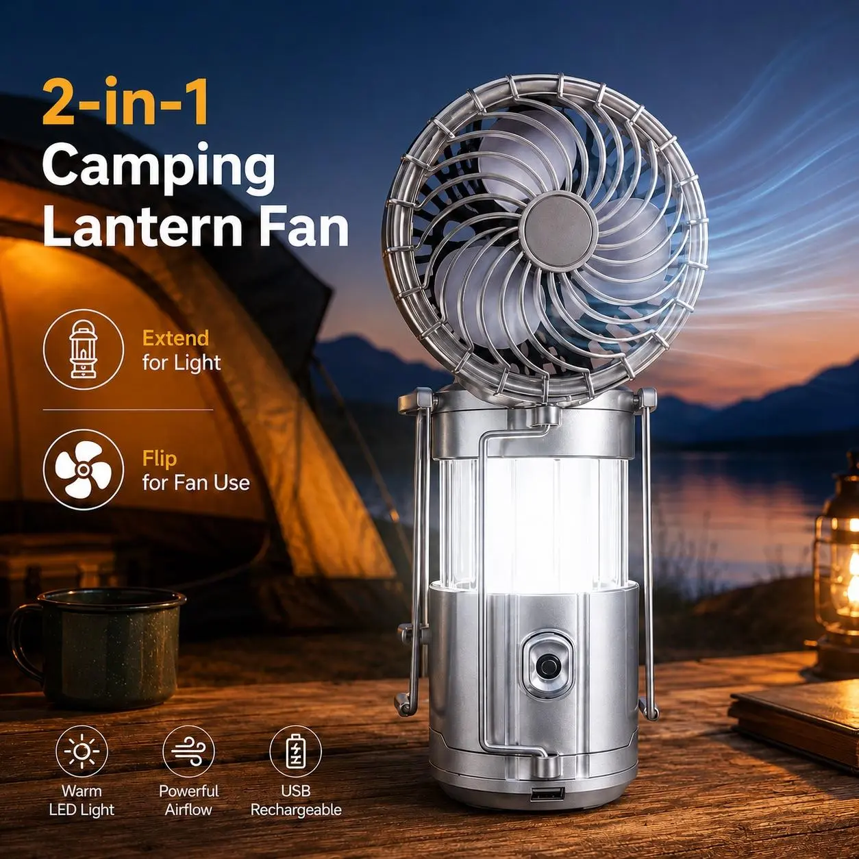 New Folding Electric Lantern with Fan - Battery-Powered LED Lamp, Solar & Rechargeable, Camping Essentials for Outdoor & Emergency Use,Camping Lights , LED Work Portable Hurricane Power Outage Flashlight Laser