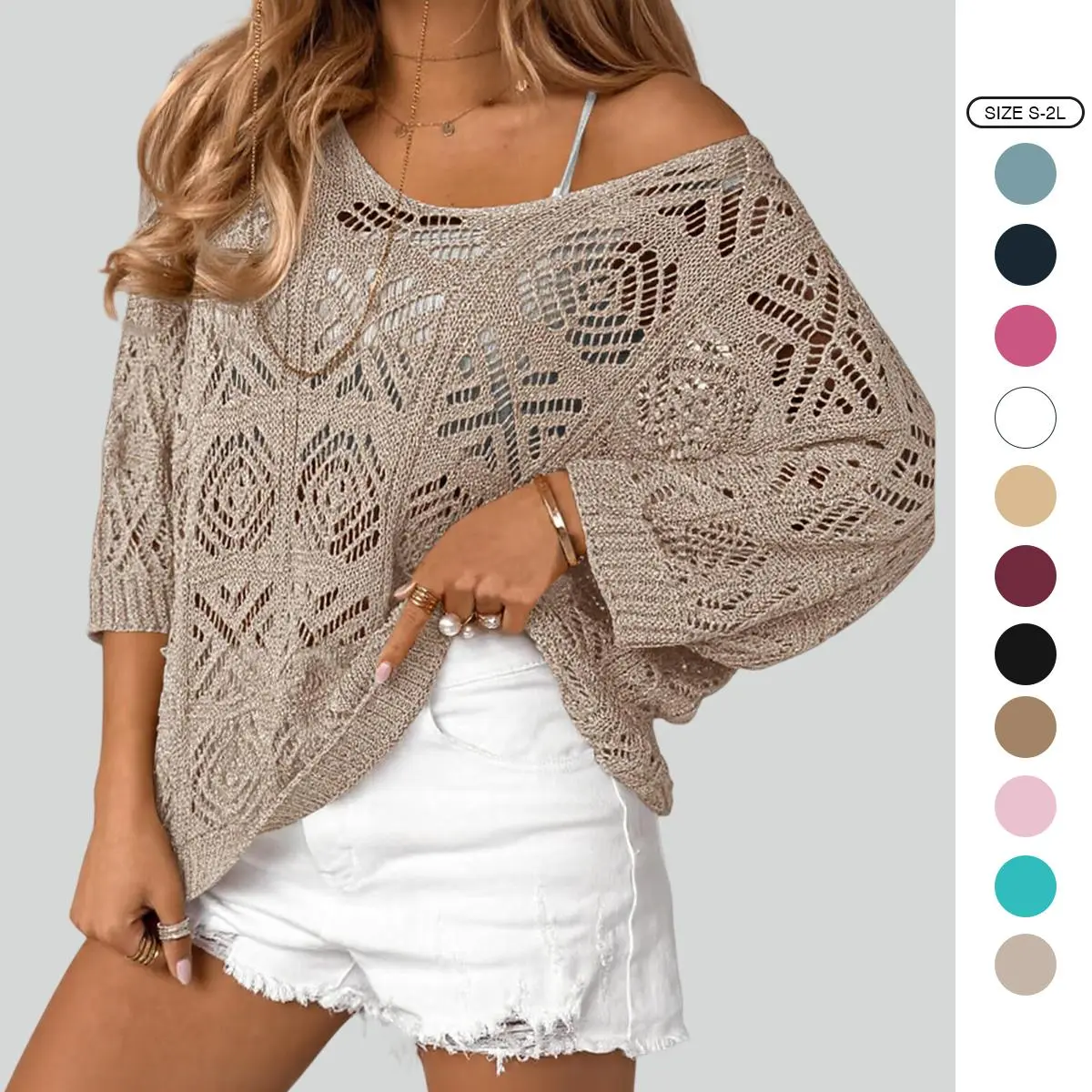 Imily Bela Womens Crochet Cover Up Top Summer 3/4 Sleeve Off Shoulder Sweater Shirts Mesh Boho Beach Swimsuit Coverup
