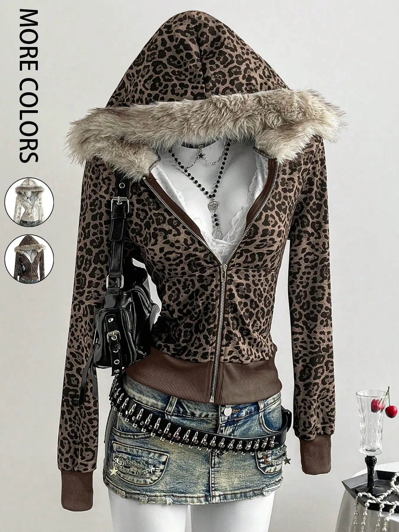 Women's Y2K Streetwear Vintage Casual Leopard Print Hooded Faux Fur Lined Zipper Sweatshirt, Fall Jacket Coat, Fashionable Outerwear