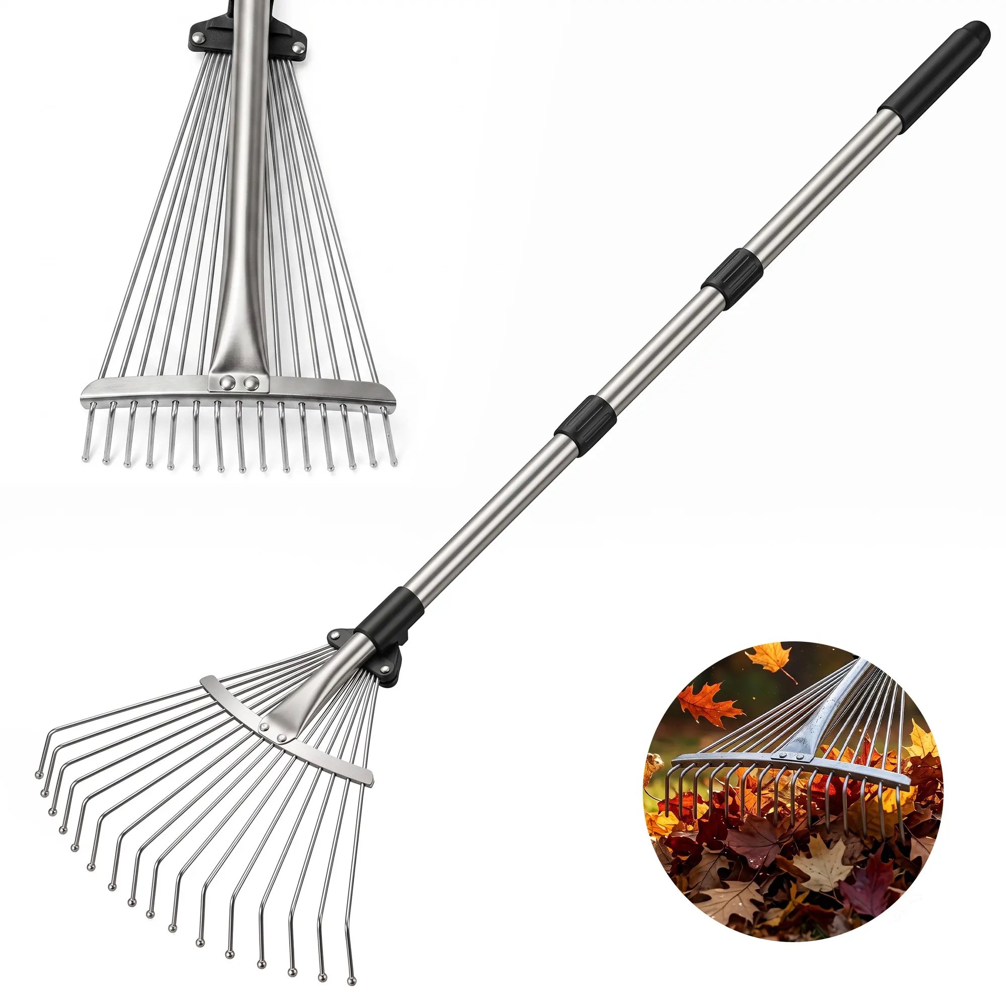 Adjustable 6.8 ft Metal Leaf Rake with 15-Tine Stainless Steel Head, Expandable Detachable Handle & Lightweight Design for Yard and Camping Cleanup