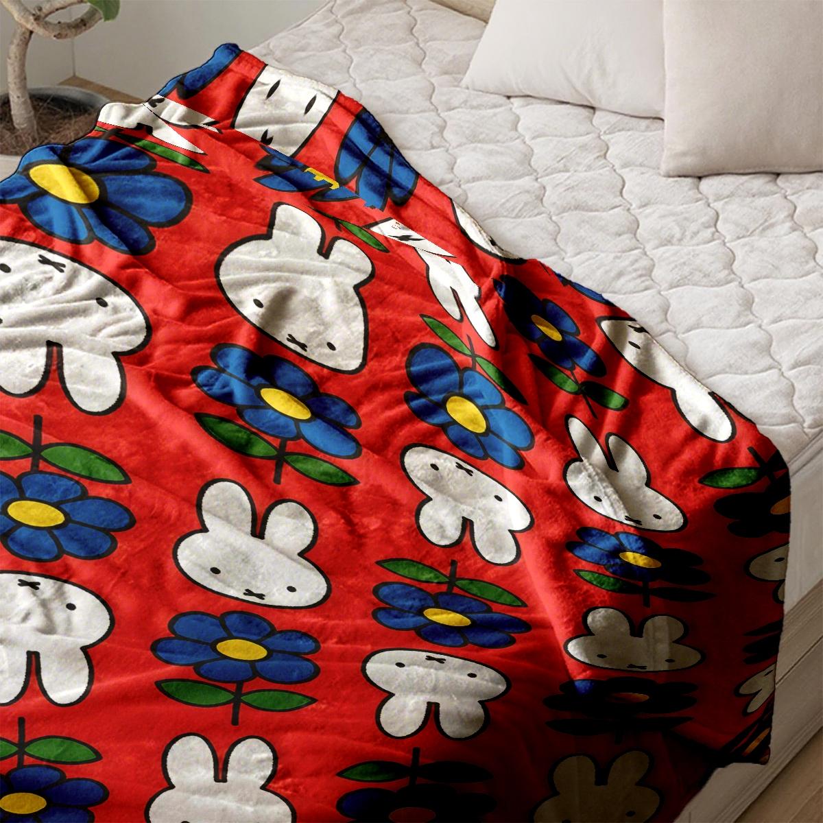 Miffy Rabbit Floral Flannel Cozy Blanket, Soft Lightweight Warm, 100% Fiber, Perfect for Bed Sofa Office Camping Travel Gift