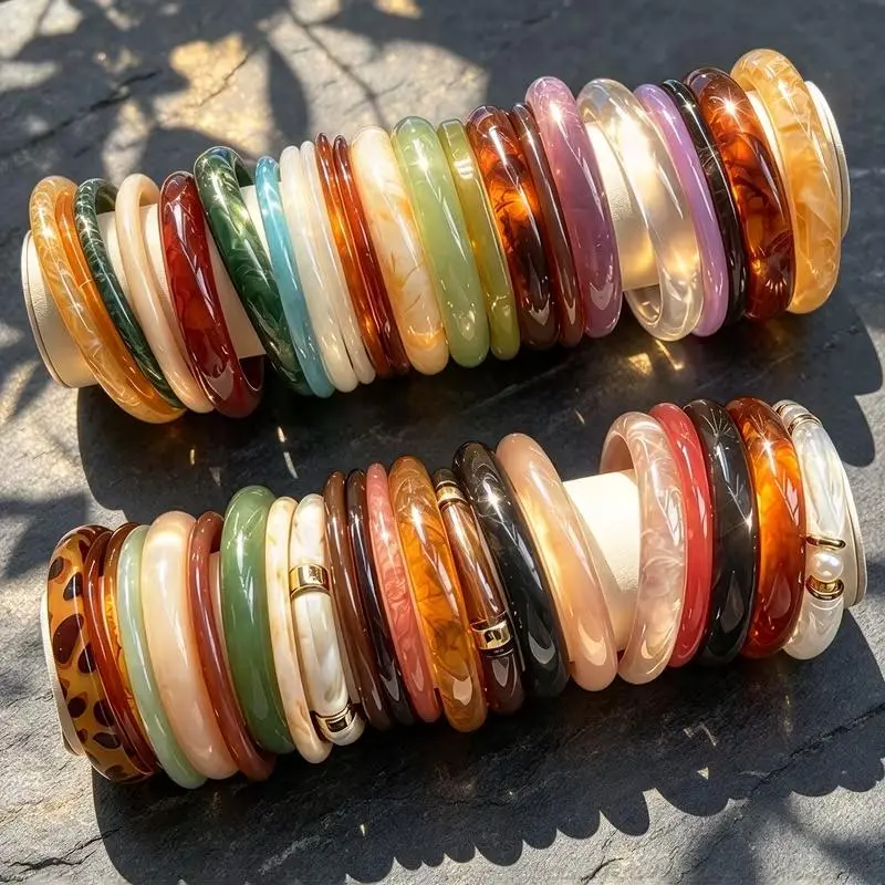 12Pcs Vintage Fashion Minimalist Resin Bangles, Combination Jewelry Set for Ladies, Bangle Bracelet Set, Stackable Matching Bangles for Daily, Party and Date Wear, Ideal Gift Choice