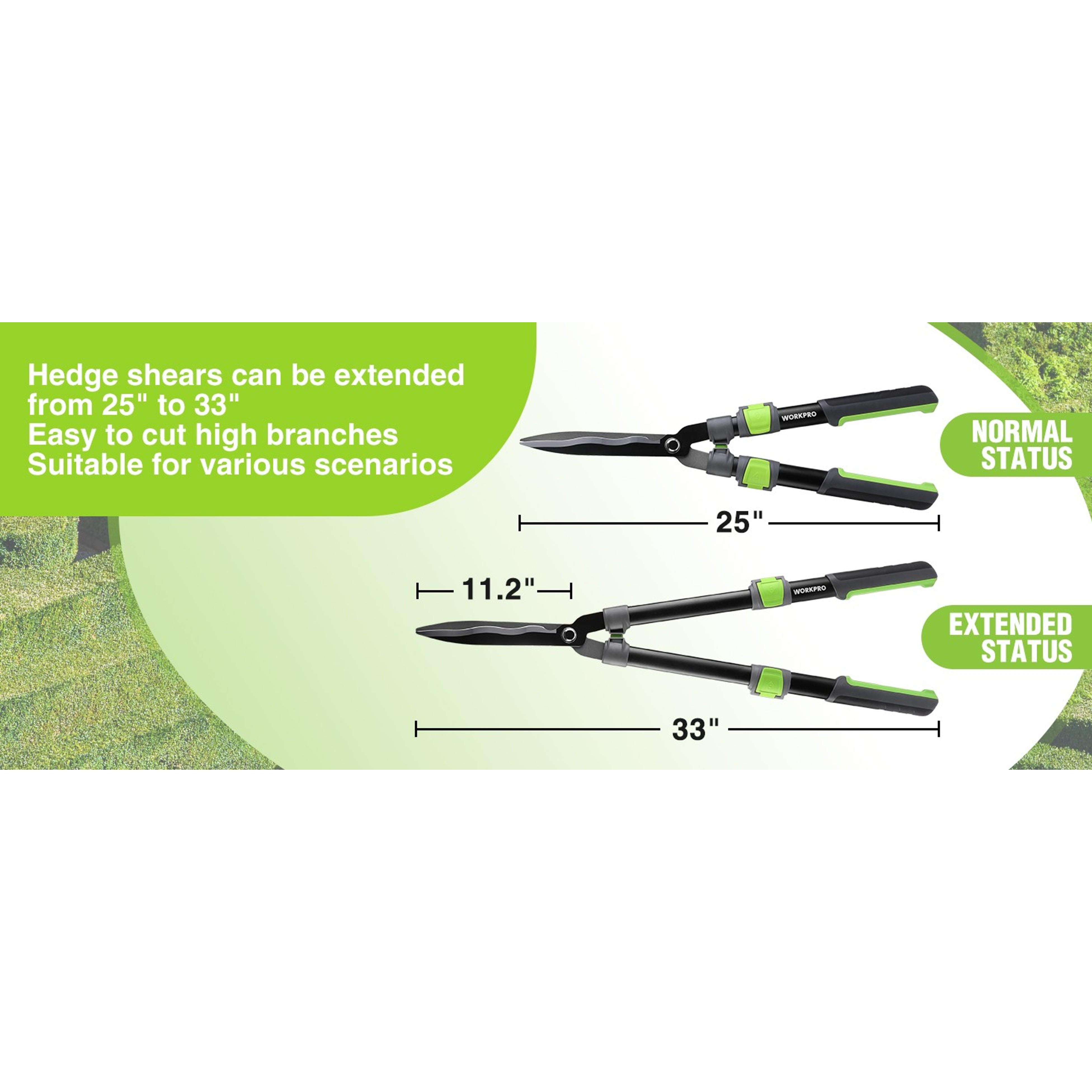 Extendable Hedge Shear, 25"-33" Manual Hedge Clipper/Bush Cutter | Gardening Shears with Steel Wavy Blade, Shock Absorbing Bumper, Ergonomic Handle for Pruning Borders & ShrubsGift