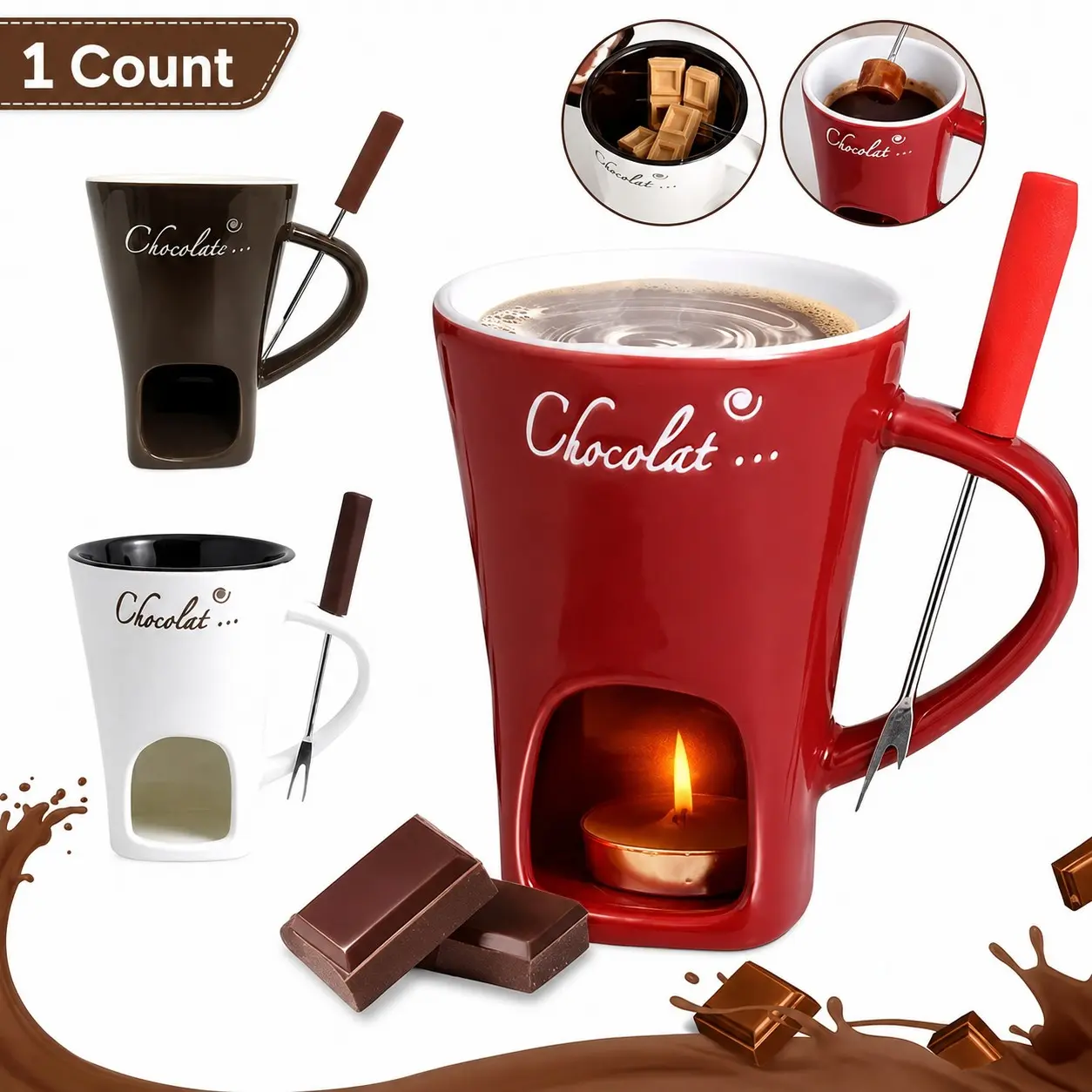 Ceramic Melting Chocolate Cheese Ice Cream Mug - 150ML/5OZ Novelty Cup with Fork, Heat Resistant Handle, Candle-Friendly Microwave-Safe Coffee Mug, Ideal Holiday Birthday Gift for Home Kitchen