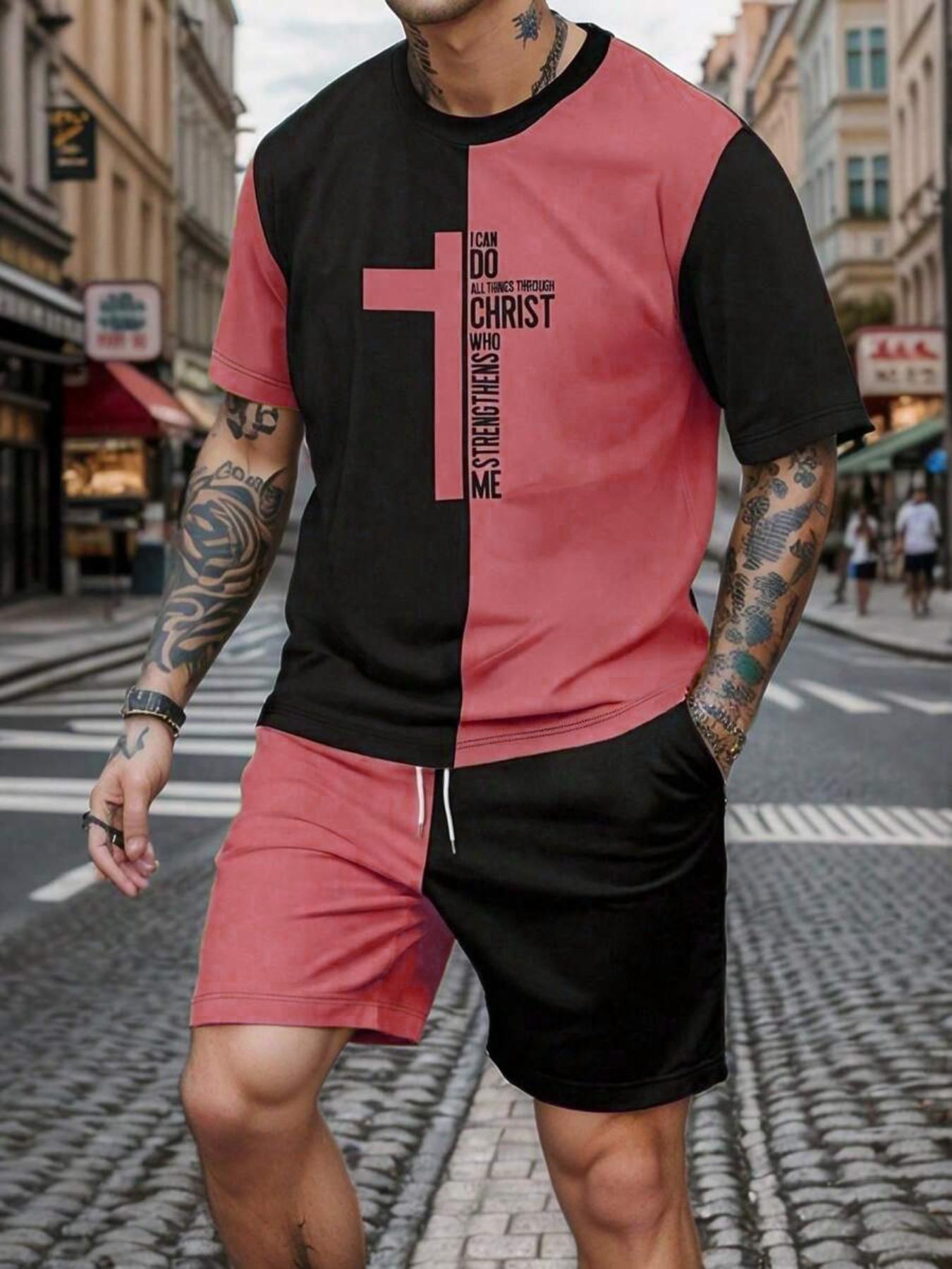 Men's Vintage Religious Style Two-Piece Set, Loose Fit Cross Print Short Sleeve T-Shirt + Gym Shorts, Fashionable for Men
