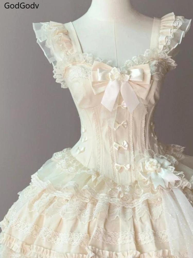 Japanese Sweet Princess Lolita Elegant Woman Party Dress   Chic Bow Fairy Vintage Dress Slim Flower Lace Retro Outfits Summer