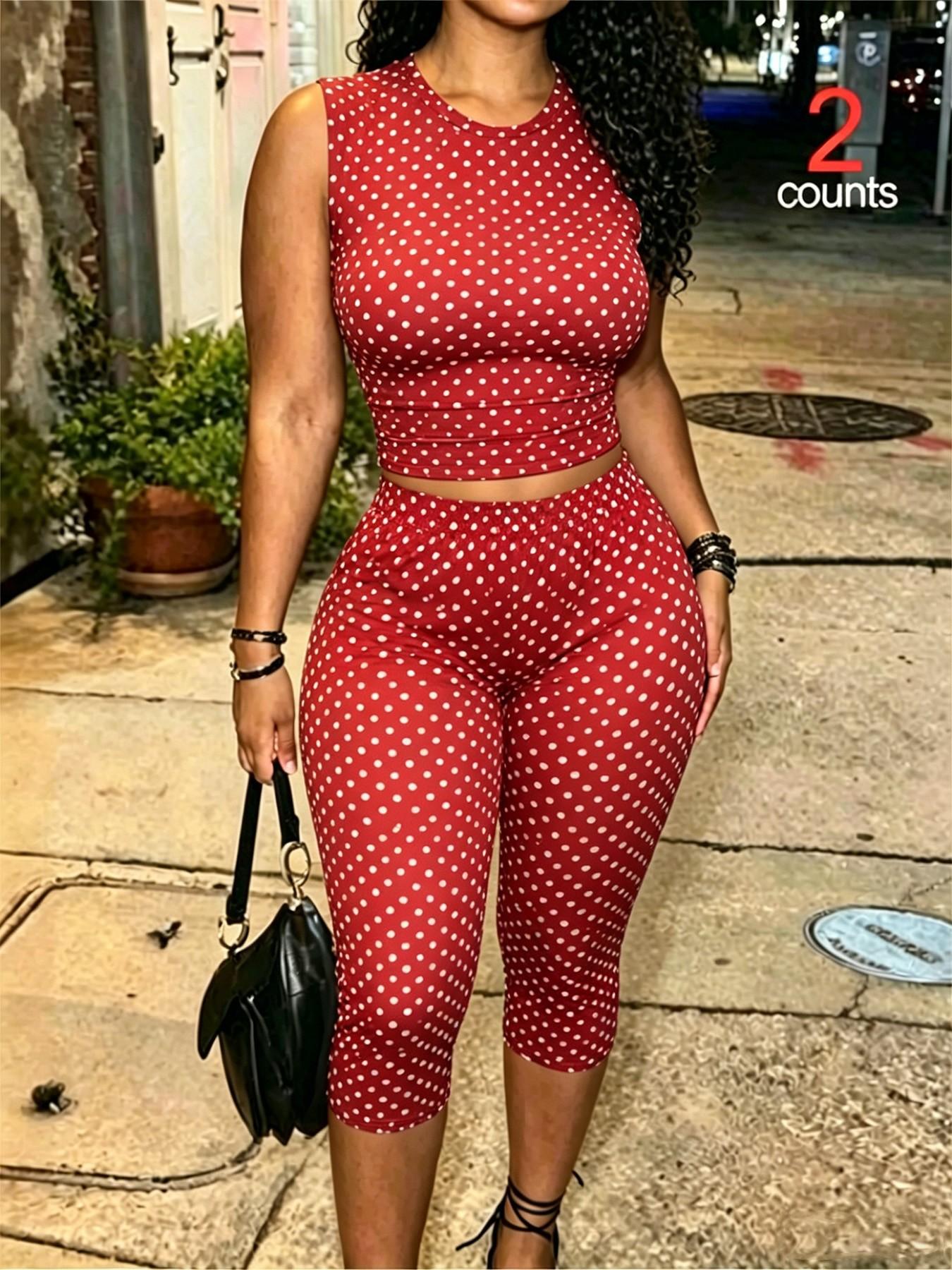 2-Piece Set, European and American Style Chic Sleeveless Halter Top, Matching Polka Dot Shorts, Comfortable and Versatile, Perfect for Summer