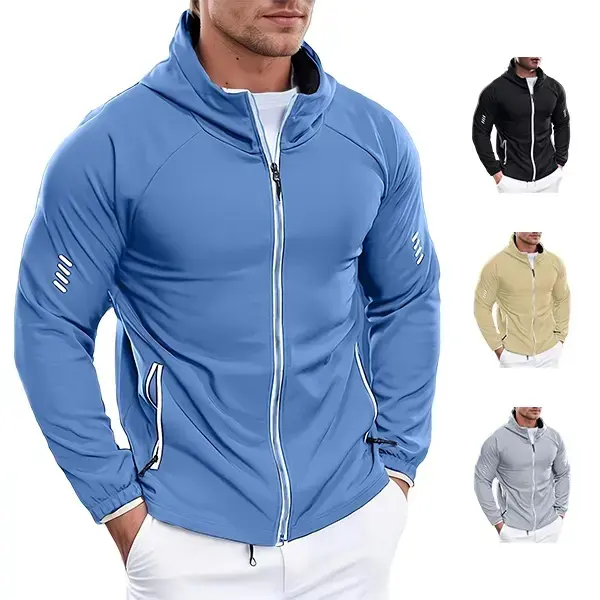 Men’s Polyester Fleece-Lined Full-Zip Hooded Athletic Jacket - Slim-Fitting, Stretch, Warm, Stripes, Reflector Sleeves, Zipper Side Pockets, Sport/Casual Autumn Winter Top for Gym, Running