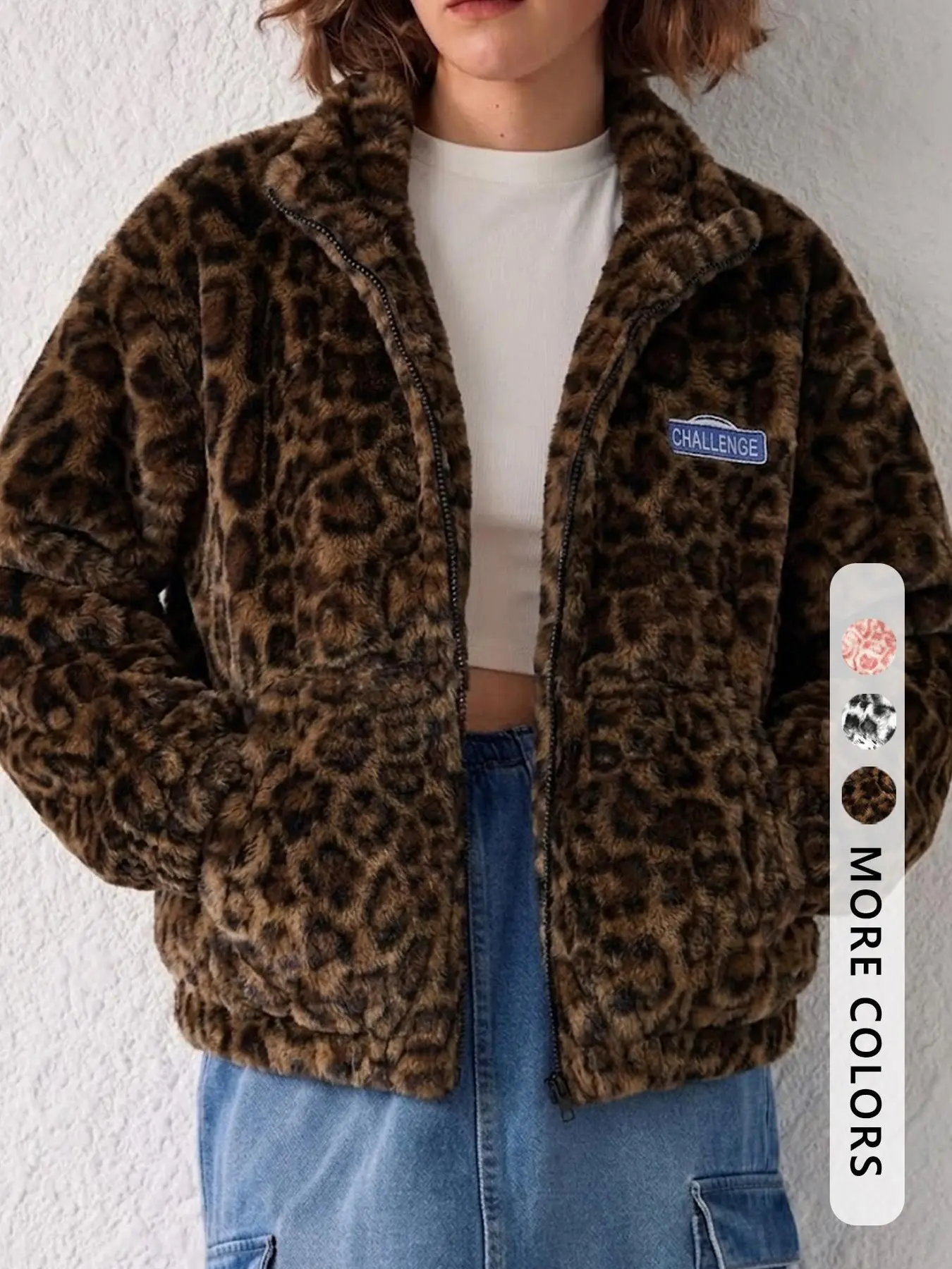 Women Y2K Pink Leopard Print Fuzzy Fleece Zip‑Up Jacket, Fluffy Stand Collar Cropped Plush Coat, Warm Casual Leopard Outerwear For Fall Winter Street Daily Outfit