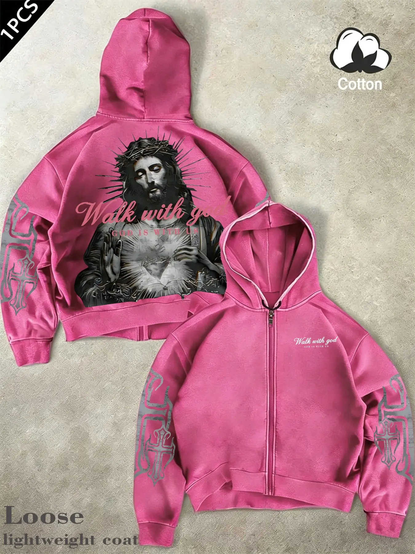 Unisex Dark Jesus and "Walking with God" Slogan Print Retro American Style Hoodie, Vintage Washed Cotton Full-Zip Hoodie, Perfect for Spring and Autumn, Christian Attire, Ideal for Casual Daily Wear, Sweatshirts