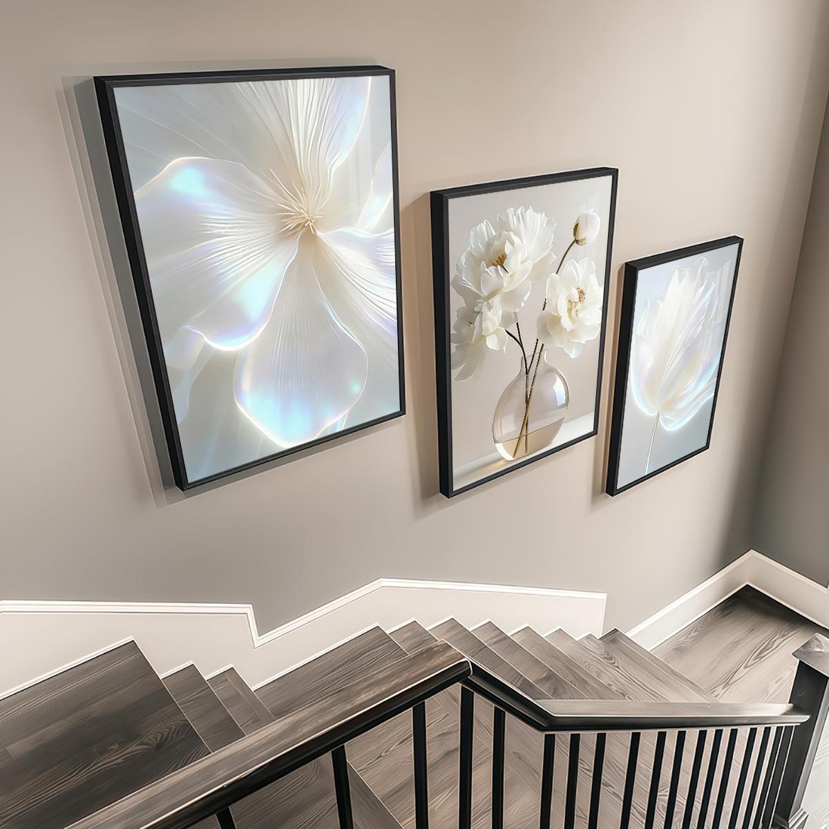 3 Counts Aluminum Alloy Framed Painting, White Floral Vase Artwork, Home Decoration For Living Room, Bedroom, Office, Restaurant, Hallway Wall Decor, Odorless Print Artwork, Luxury Perfect Gift For Friends And Family