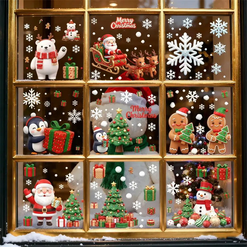 9sheets/set Christmas window stickers, Santa Claus Christmas Tree Snowman Gingerbread Man static stickers, White Bear Penguin Gift Snowflake electrostatic paste glass paste mall hotel french window Christmas decoration