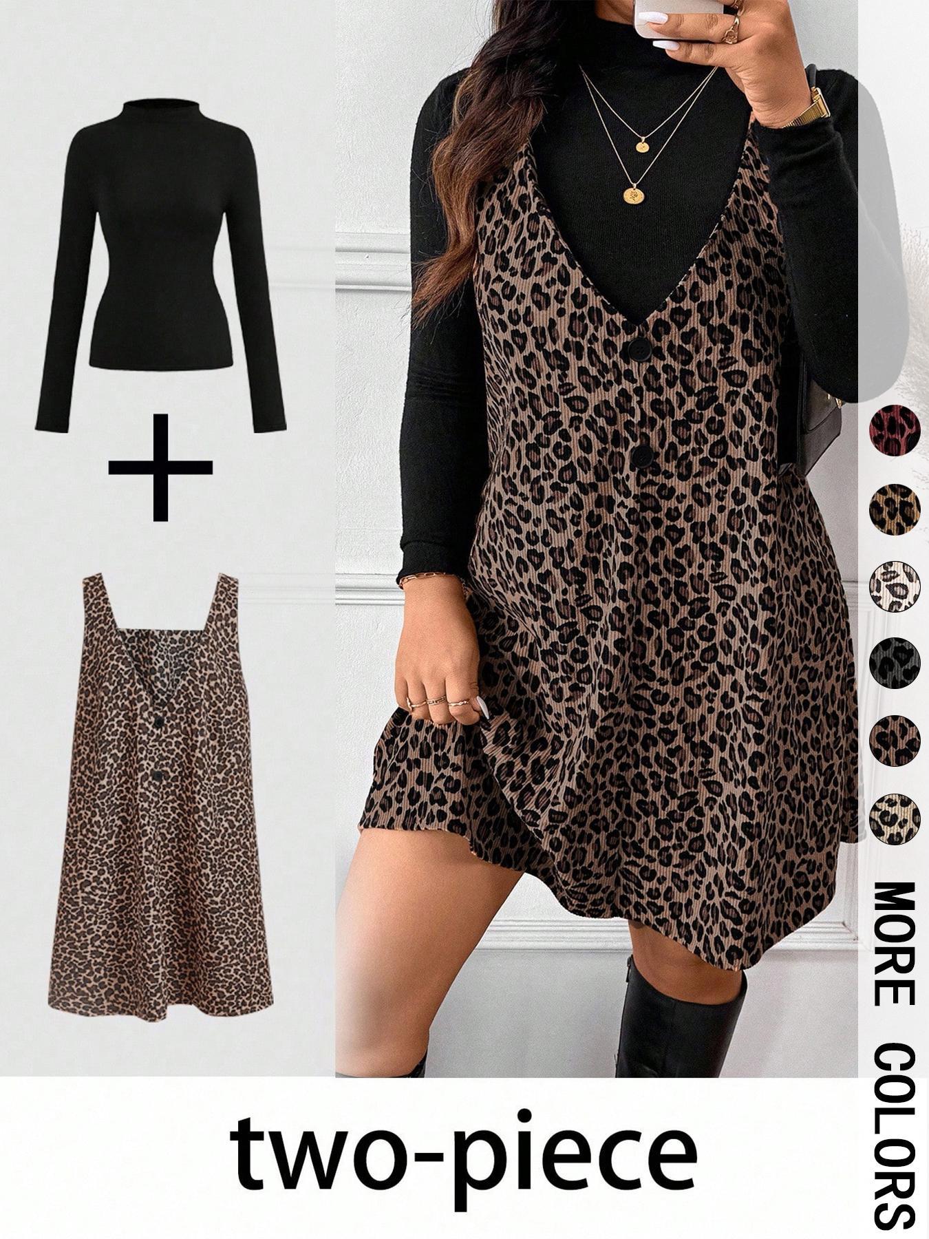 Women's High Neck Inner Layer + Leopard Print Strap Skirt Set, Casual Daily Spring Autumn Commuter, Two-Piece Ensemble Outfit