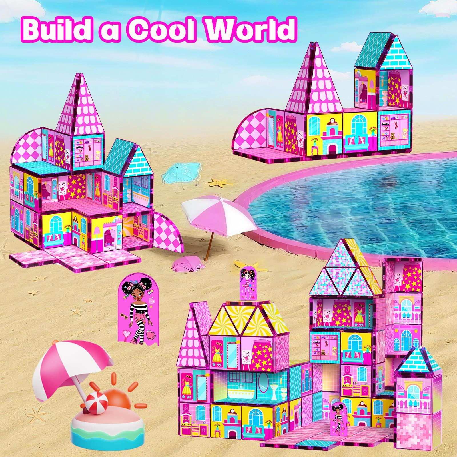 52pcs Magnetic Tiles Building Blocks, Castle Construction Toy, Stem Education Gift for Kids 3-8 Years, Boys & Girls Birthday Present