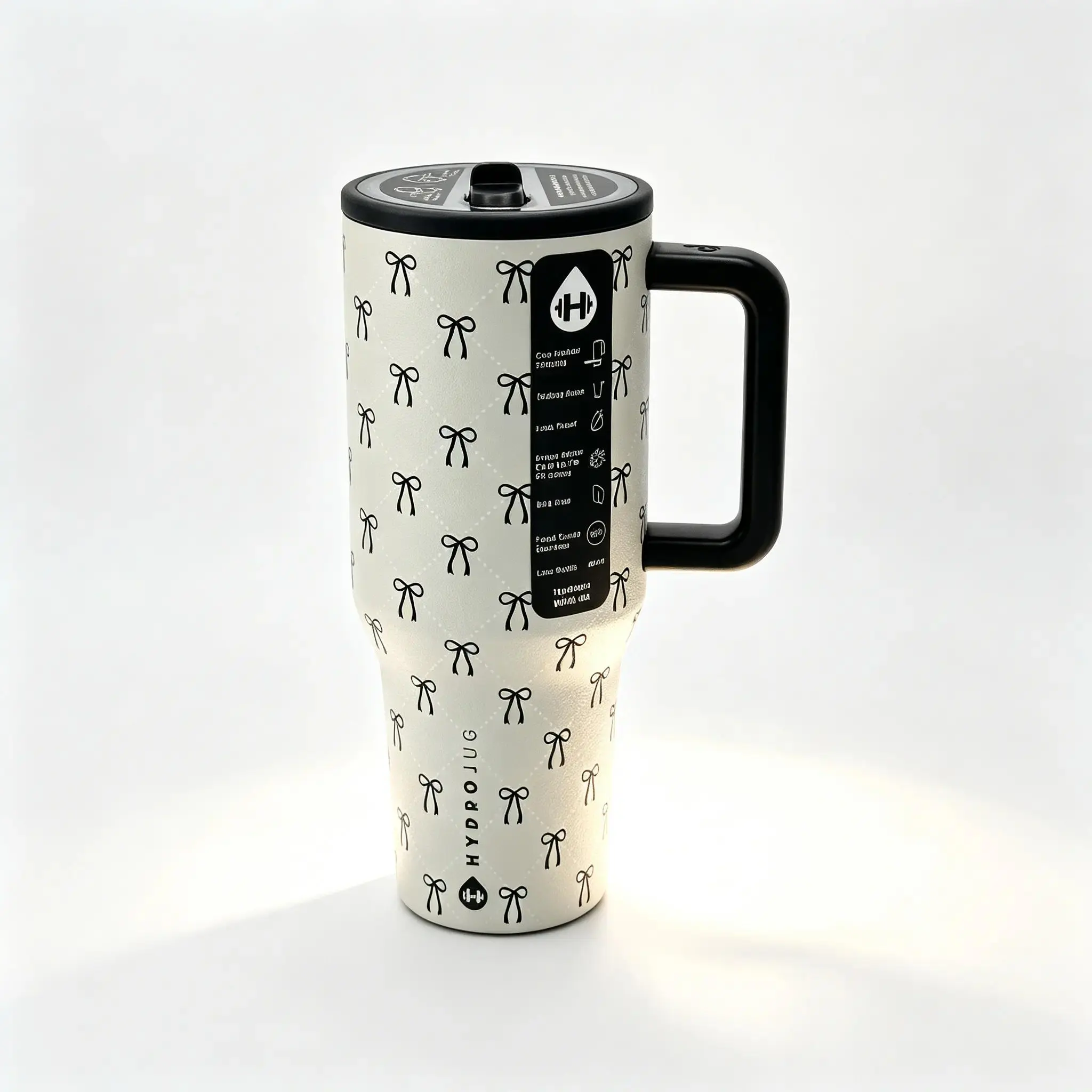 Stylish HydroJug 40oz Stainless Steel Insulated Water Bottle - Black Bow Print, Large Comfort Grip Handle, Leakproof Lid, 24hr Warm/Cold Insulation, Cup Holder Friendly for Gym & Daily Use
