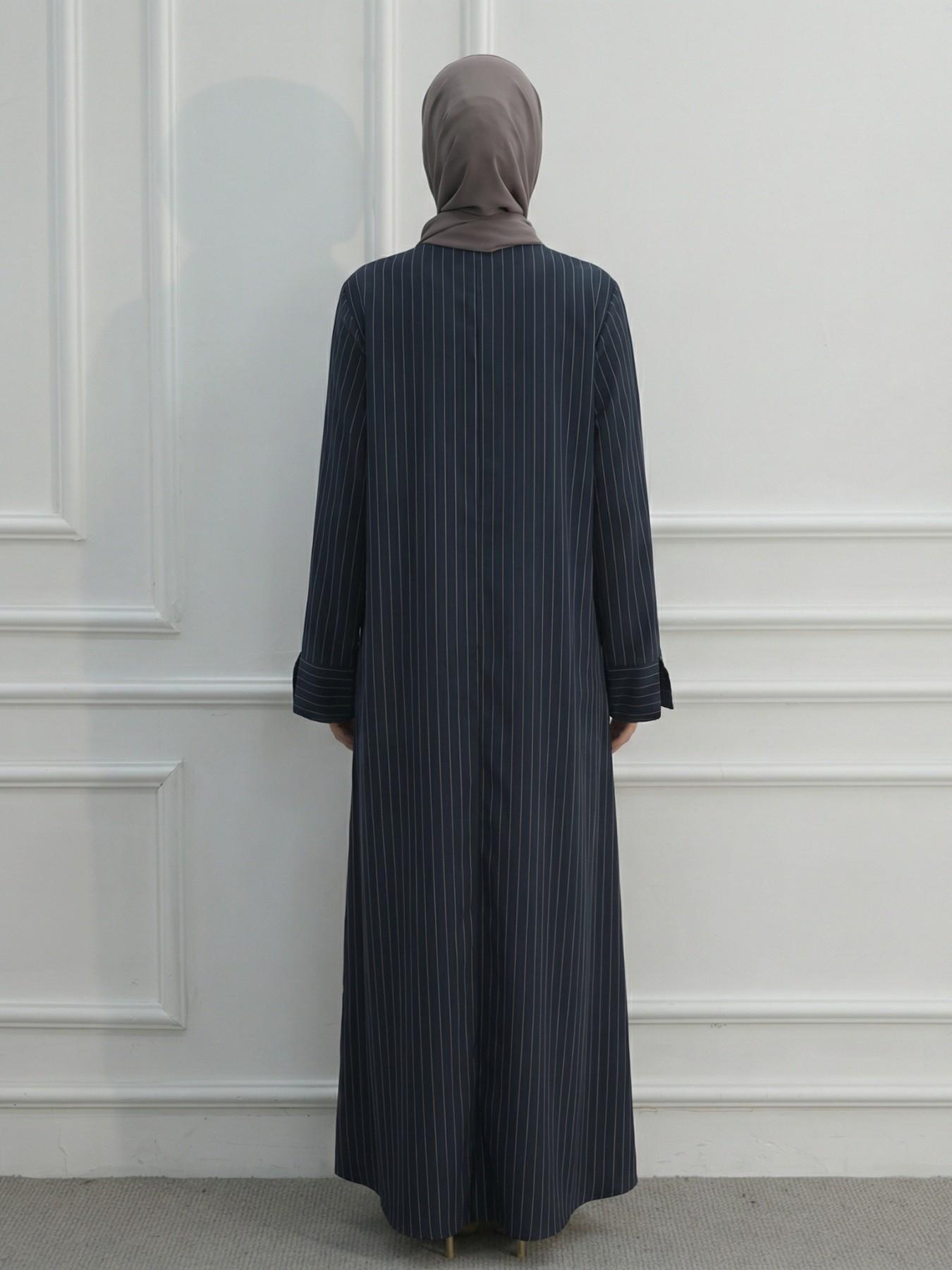 Muslim Women's Loose Striped V Neck Dress Robe, Strong Wrapping, Contains Pockets, No Headscarf, Long Sleeve, Modest Style
