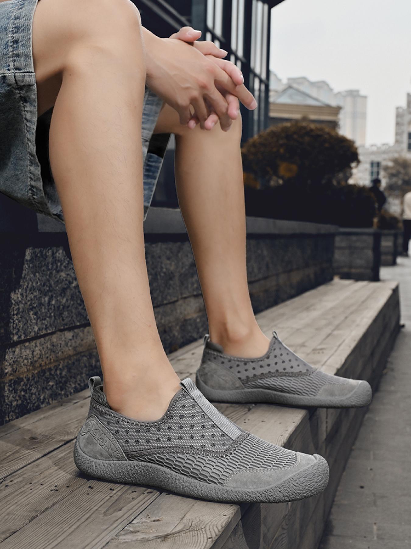 Men's Solid Color Mesh Breathable Slip-On Loafers, Soft Sole Anti-Slip Hand-Stitched Walking Shoes, Lightweight Casual Dad Shoes